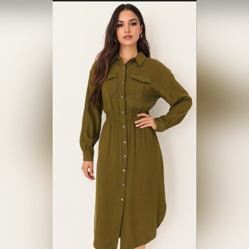 Maeve Olive Green Button-Up Midi Dress